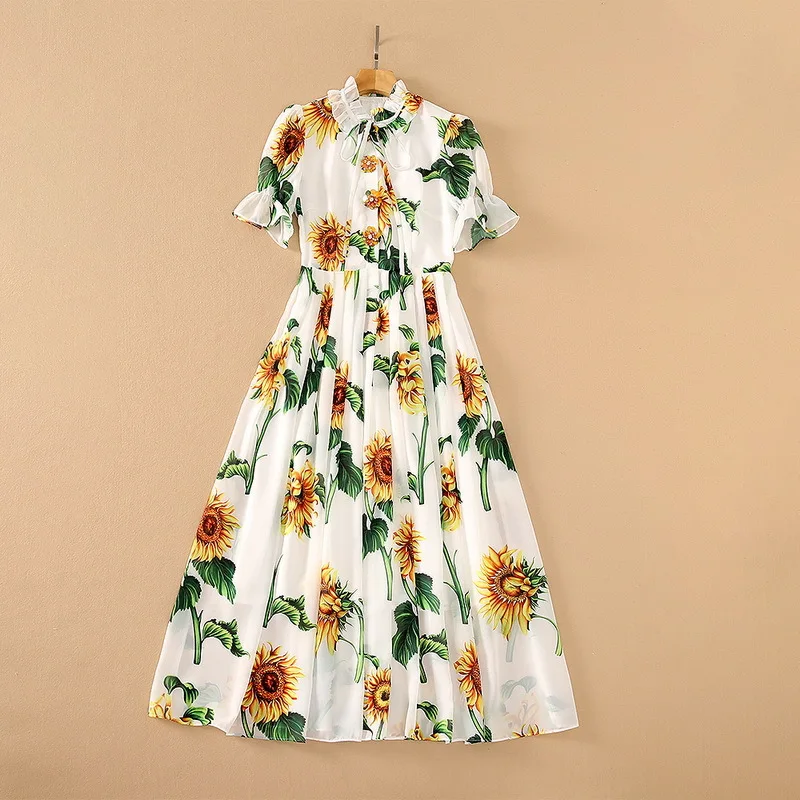 

European and American women's wear for summer 2021 Short sleeved beaded button sunflower print Fashion pleated dress