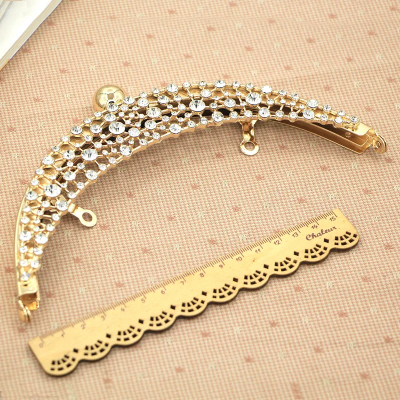 Half semicircle gold crystal on surface metal purse frame screws inside obag handles purse hanger wholesae handbag purse frames