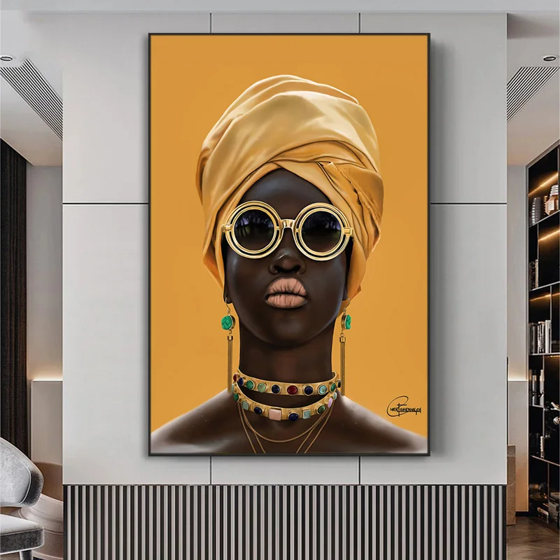 

Black Woman with Sunglasses Oil Painting on The Wall Canvas Yellow African Woman Poster Wall Art Pictures Modern Decor Cuadros