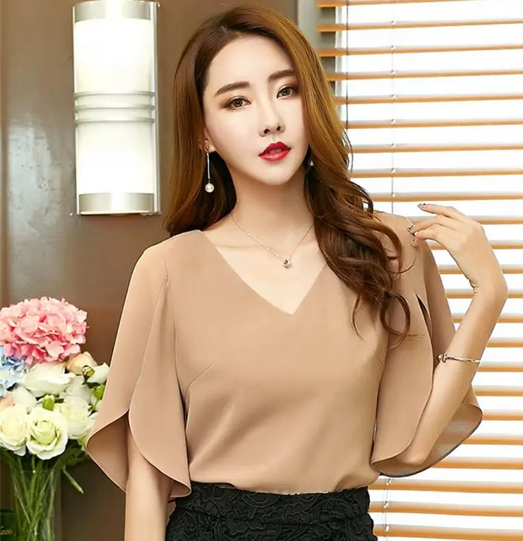 

Summer Women Sexy V-neck Chiffon Blouse Short sleeve Plus Size Chiffon shirt