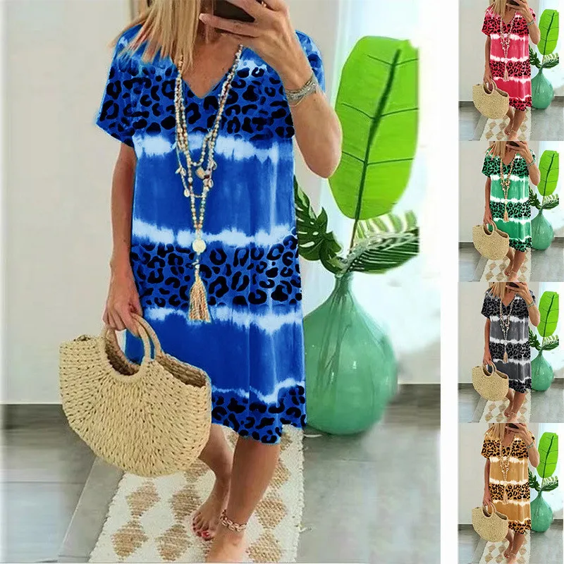 

Women Leopard Stripe Patchwork Tie Dye Dress Fashion Ladies Loose Casual V-Neck Short Sleeve Knee-Length Dress 2021 Summer Dress