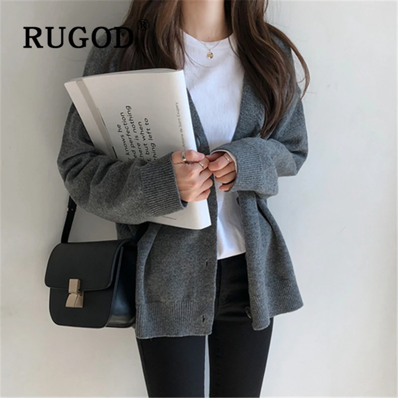 RUGOD Cardigan women Korean solid single-breasted V neck knitted lady sweater coat 2019 Fashion auturm warm oversized outwear |