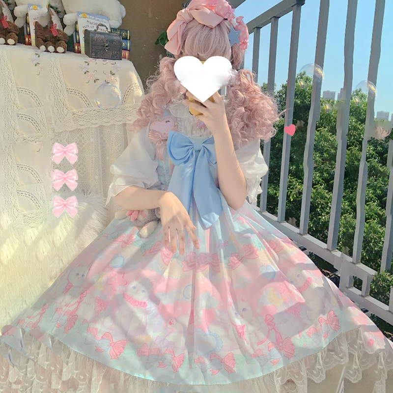 

Japanese Sweet Bow Dream Cat Lolita Sleeveless Lace Strap JSK Dress Female Summer renaissance victorian gothic dress