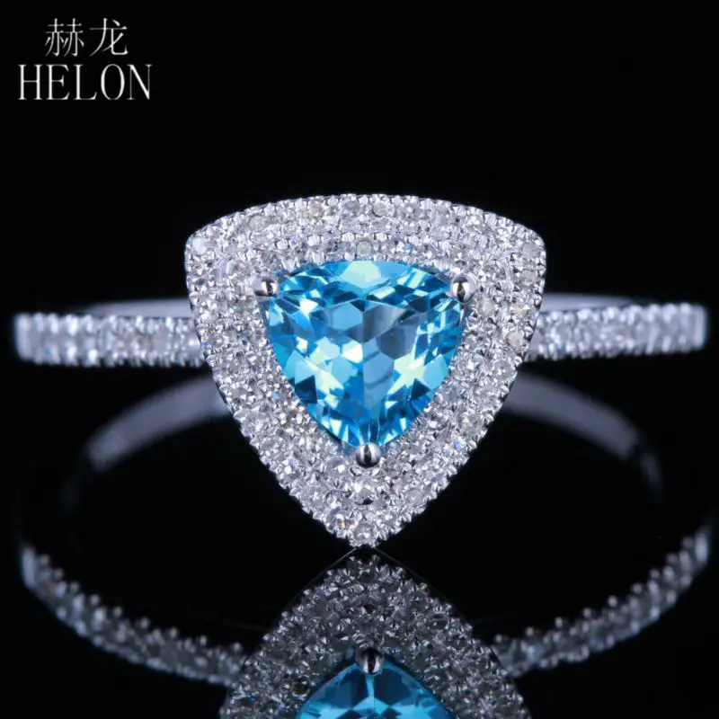 

HELON Real 14k белый золотой безупречная Огранка "треугольник" 0.6ct настоящий природный Голубой топаз 0.25ct алмаз два обручальное кольцо со светлым о...