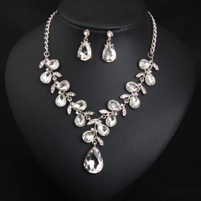 Leaf Jewelry Sets Bridal Gold Color Necklace Earrings Green Water Drop Crystal For Women Fashion Jewelry Set Accessories 5