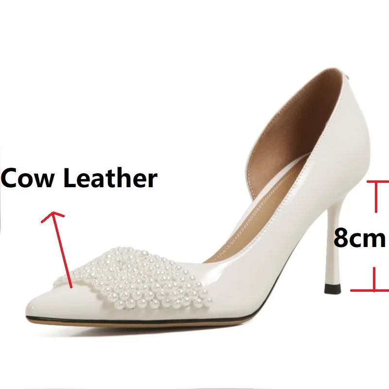 

High Quality Natural Genuine Leather Stiletto Heels Shoes Women D'orsay Two-piece Style Elegant Pearls Wedding Party Bride Shoes