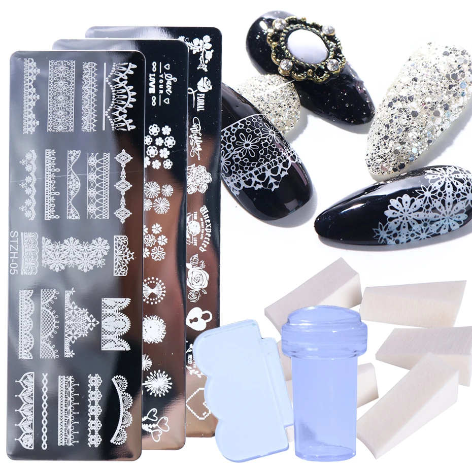 1 Набор штамповочных пластин для ногтей кружевной Цветочный трафарет с