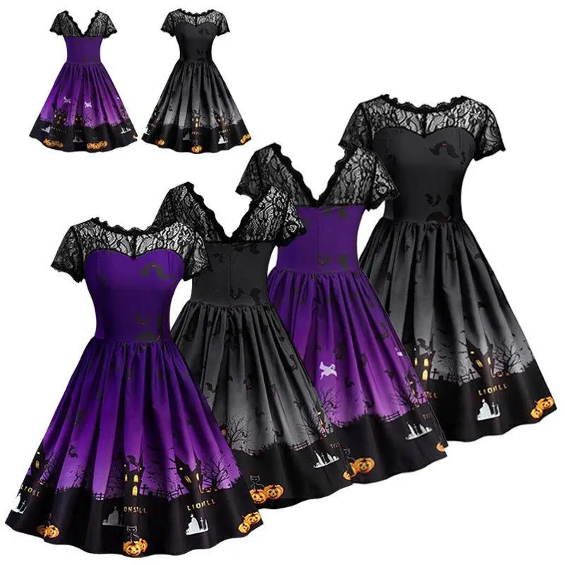 

Women Short Sleeve Halloween Dress Retro Lace Vintage Beauty Backless Dress A Line Pumpkin Swing Dress Bats Printed Horror Tops