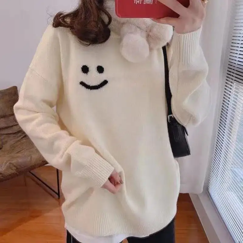 

CBAFU knitted warm sweater women oversize autumn winter sweet knitwear clothes smile print pullovers loose cashmere tops N992