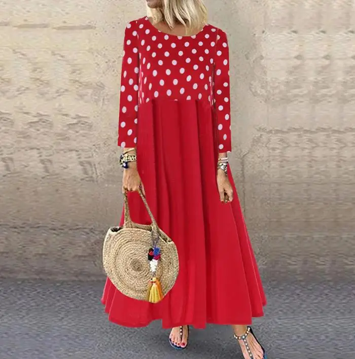 Женское винтажное платье Boho с длинным волнистым принтом рукавом и круглым