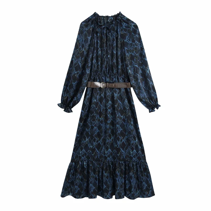 

2021 New Style Autumn Fashion Printed Ruffled Dress for Women with Belt Snake Print Long Sleeve Personalized Elastic Waist Women