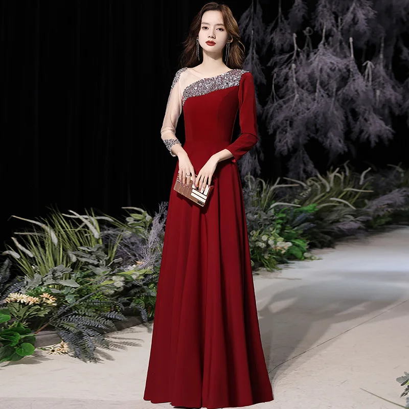 Sexy Sequins Applique Long Sleeve Satin Stage Chorus Evening Dress Cheongsam Back Zipper Prom Fomail Gown Vestidos De Noche