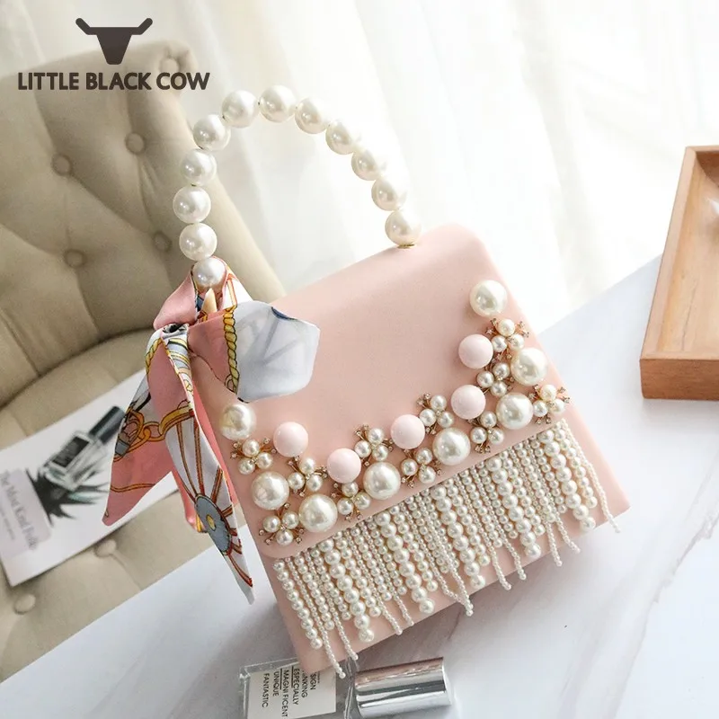 

Luxury Women Handbag Pu Leather Pearls Beading Tassel Flap Small Tote Handbags Ladies Summer Crossbody Bags Single Shoulder Bag