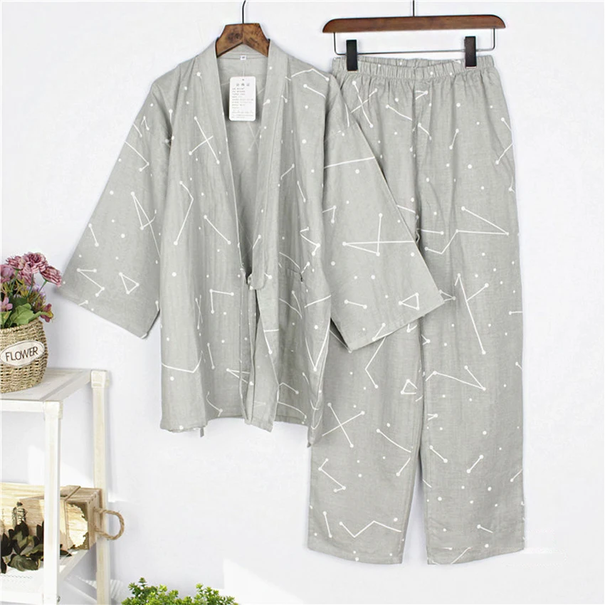 Хлопковое японское кимоно, одежда для сна для самураев, мужские топы Haori+ штаны, комплект одежды, традиционная Мужская пижама-кимоно, ночная рубашка Jinbei