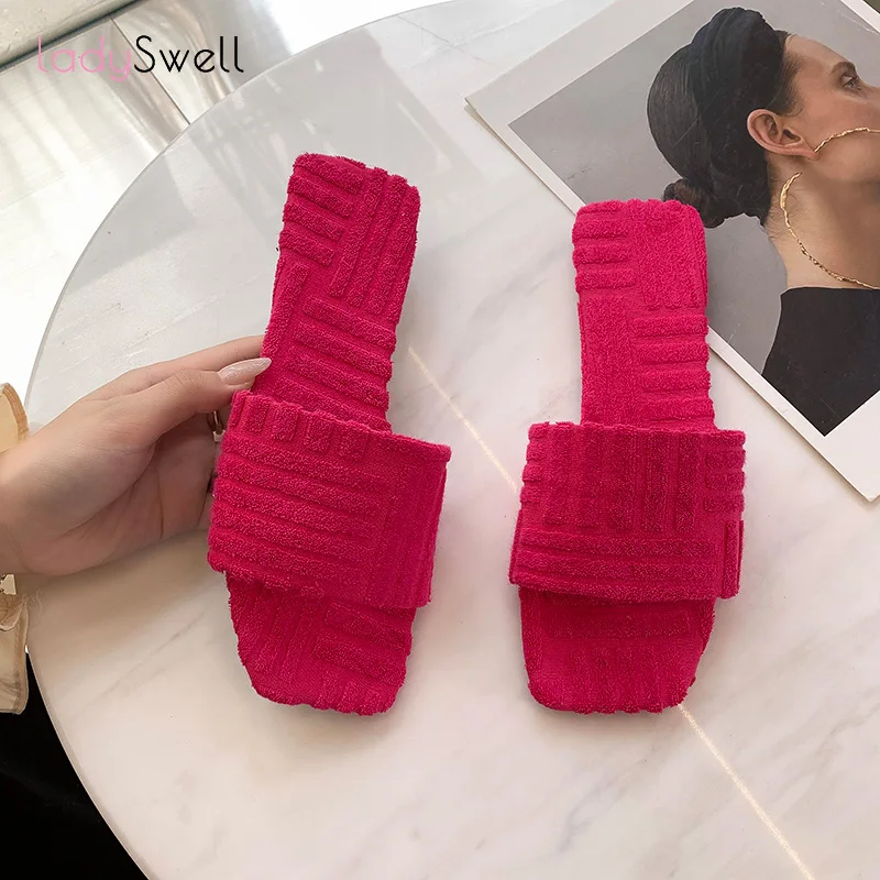 

Женские тканевые шлепанцы LadySwell, квадратная плоская подошва, вельветовые сланцы, розовые, летняя и осенняя подиумная одежда