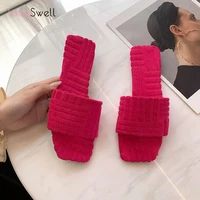 ladyswell square towel fabric women slippers pink corduroy flat sole outwear slides summer autumn runway flip flops female