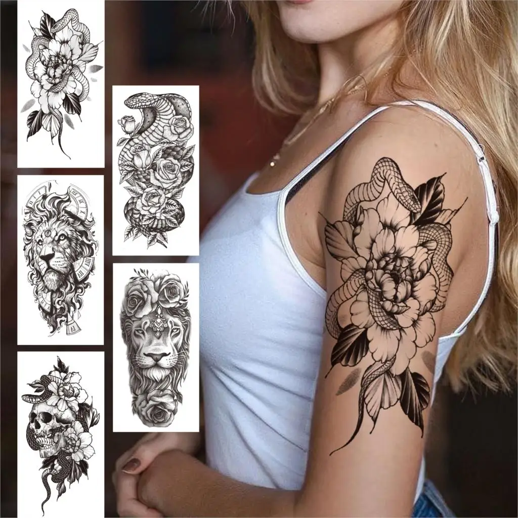 

Mamba Snake Peony Temporary Tattoo For Women Men Adult Skull Lion Flower Tattoos Sticker Black Bouquet Self Adhesive Fake Tatoos