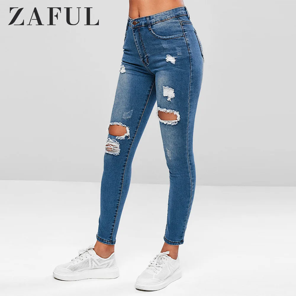 ZAFUL потертые узкие джинсы на молнии с карманами, женские повседневные обтягивающие джинсы с эффектом отбеливания, сексуальные штаны с дырками, уличная одежда
