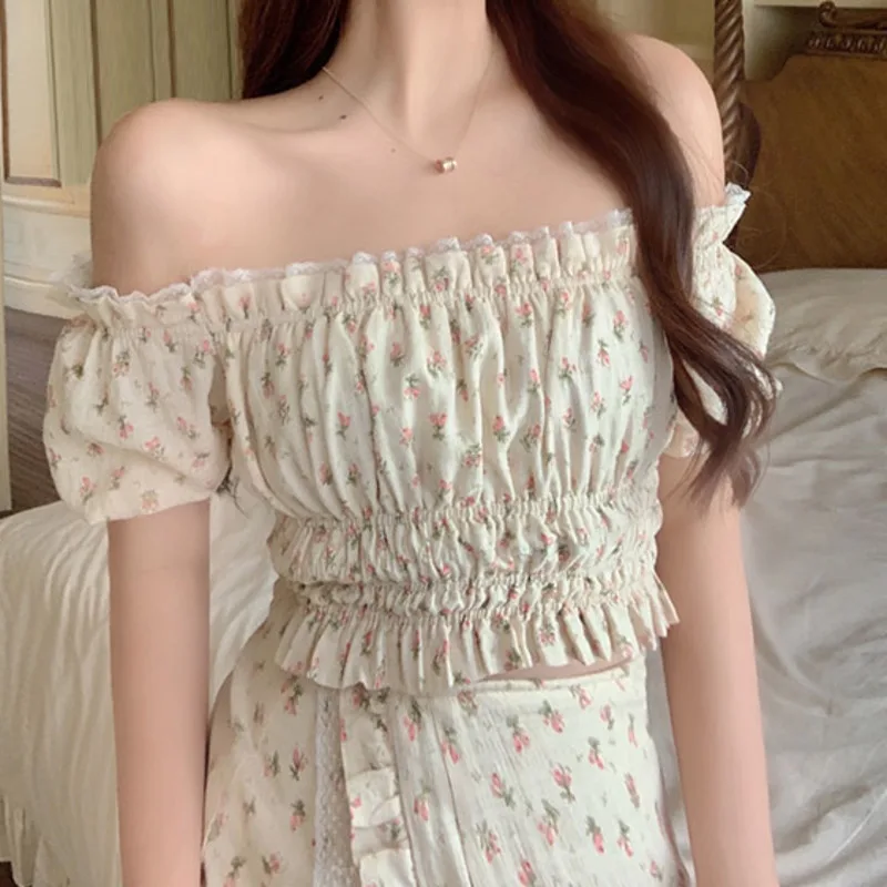 

Floral Puff Sleeve Short Slash Neck Crop Top + High Waist Split Floral Skirt Two Piece Sets Women Sweet Style Ensembles Femme