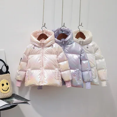 

Winter new hooded clothing boys and girls down jacket fashion thick short section children bright bright leather down jacket