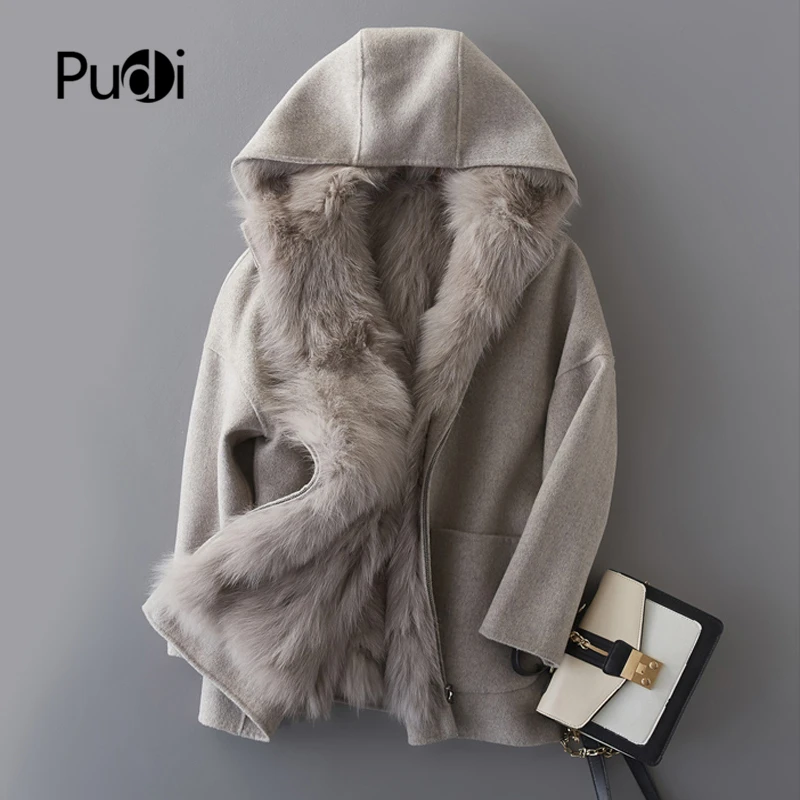 

PUDI Women Real Wool Coat Lady Natural Fox Fur Lining With Hood Leisure Fall/Winter Wool Long Outwear Coats B4128