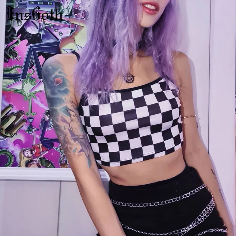 

InsGoth Harajuku Check Board Graphic Camis Gothic Sexy Spaghetti Straps Cropped Tops Streetwear Backless Bodycon Basic Camisole