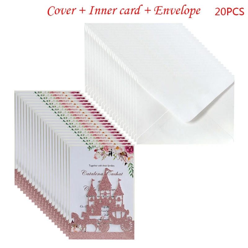 

20x Wedding Invitations Card Glitter Hollow Castle Invite Envelope Bridal Shower