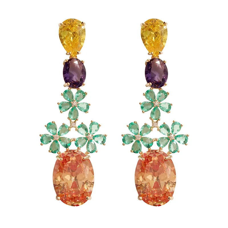 

Retro Color Colorful Earrings Chrysanthemum Water Drop AAA Zircon Tassel Crystal Exquisite Fashion Luxurious Jewelry For Women