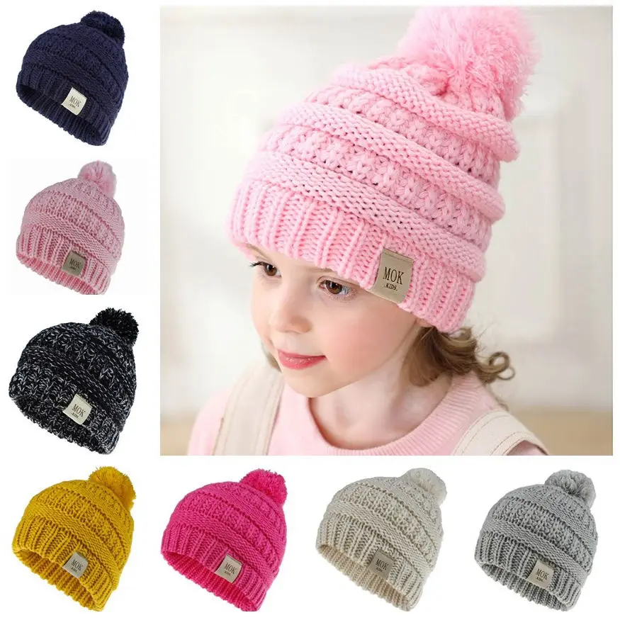 Warm cap for girl Winter warm soft beanie hat hairball Pompom hats kids knotted baby winter knitted boy H200S | Детская одежда и