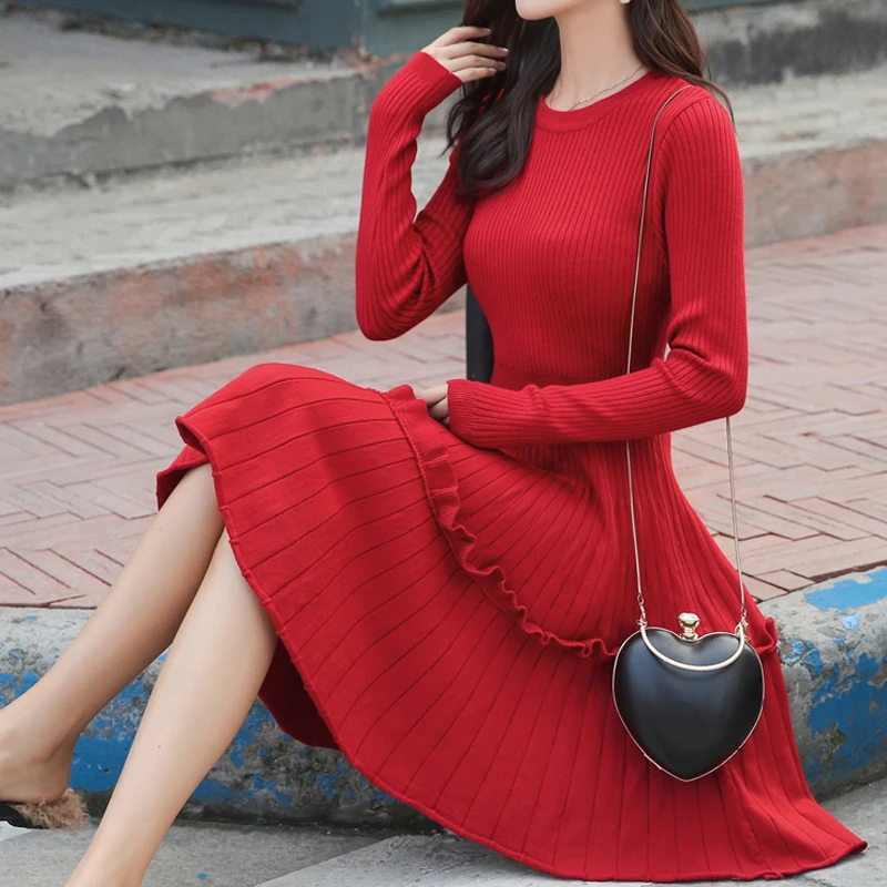 RealShe Winter Sweater Women O-Neck Full Sleeve Ruffles Solid Knitted Dress Mini Female Autumn Pullover | Женская одежда