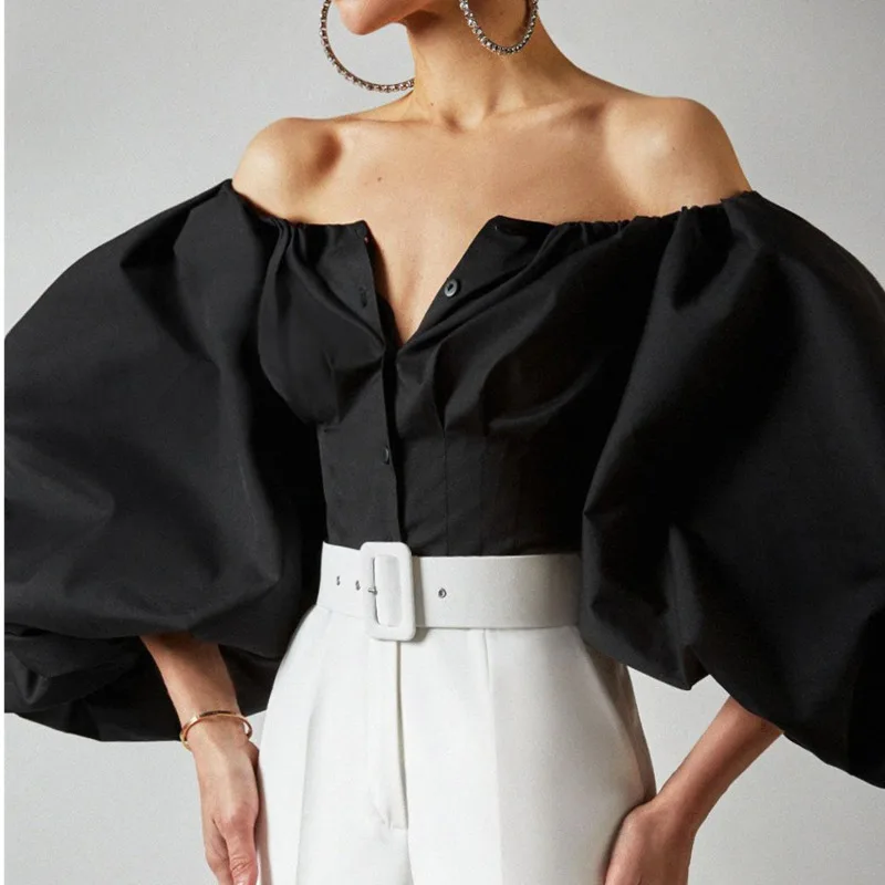 

Off Shoulder Lantern Sleeve Sexy Women Top Button Blouse Backless Shirts High Streetwear Crop Tops Fashion Blusas Mujer