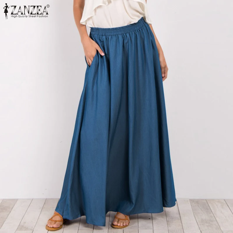 

Юбка ZANZEA женская джинсовая Повседневная, модная однотонная плиссированная, с эластичным завышенным поясом, S-2021