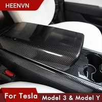 heenvn 2021 model3 car armrest box protective cover for tesla model 3 interior accessories for tesla model y carbon fiber abs