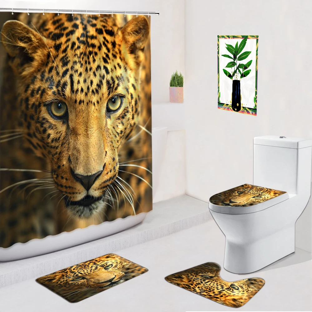 

Lion Leopard Bathroom Set Wild Forest Animal Washable Fabric Non Slip Bath Carpets Toilet Cover Mat With Hook Bathtub Curtains