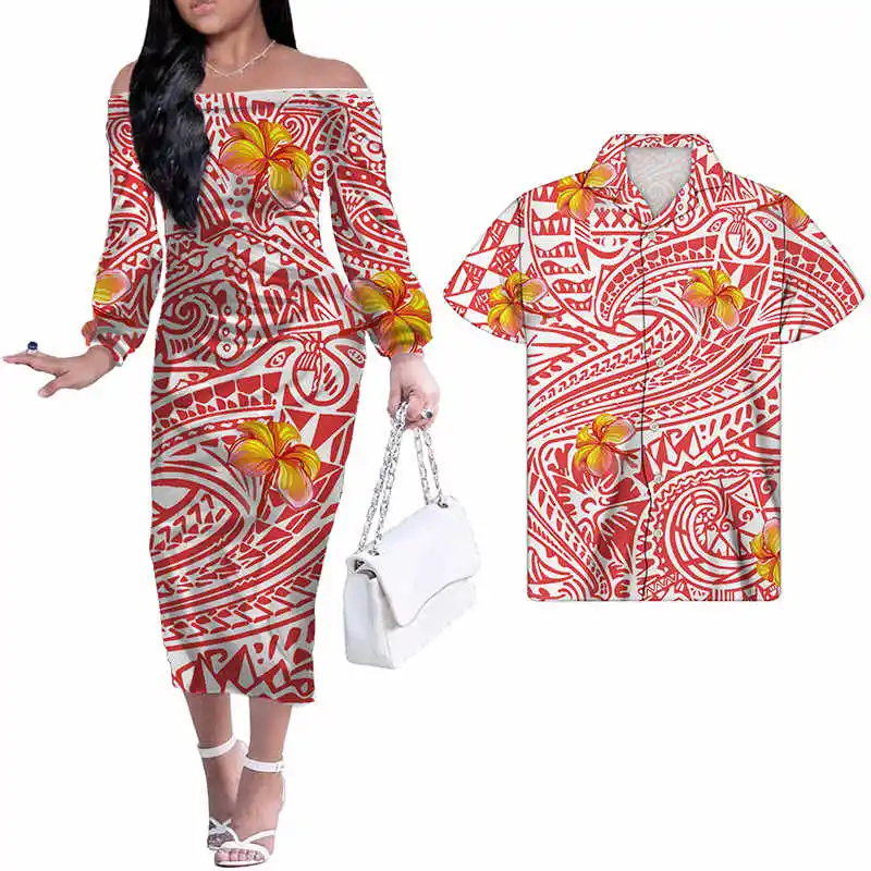 

HYCOOL Pink Elegant Plumeria Image Women Dress Polynesian Tribal Design Printed Off Shoulder Dress Spring Oversize Date Dress