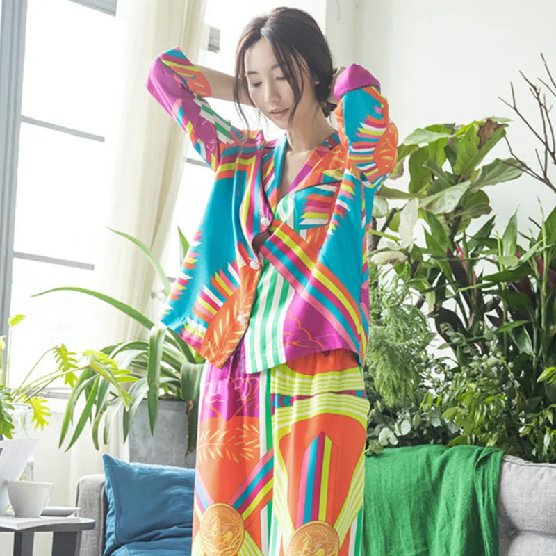

Sexy Satin Pyjamas Once Again Silk Pajamas Women Autumn Korean Sleepwear Plus Size Cardigan Long Sleeves Long Pants Suit