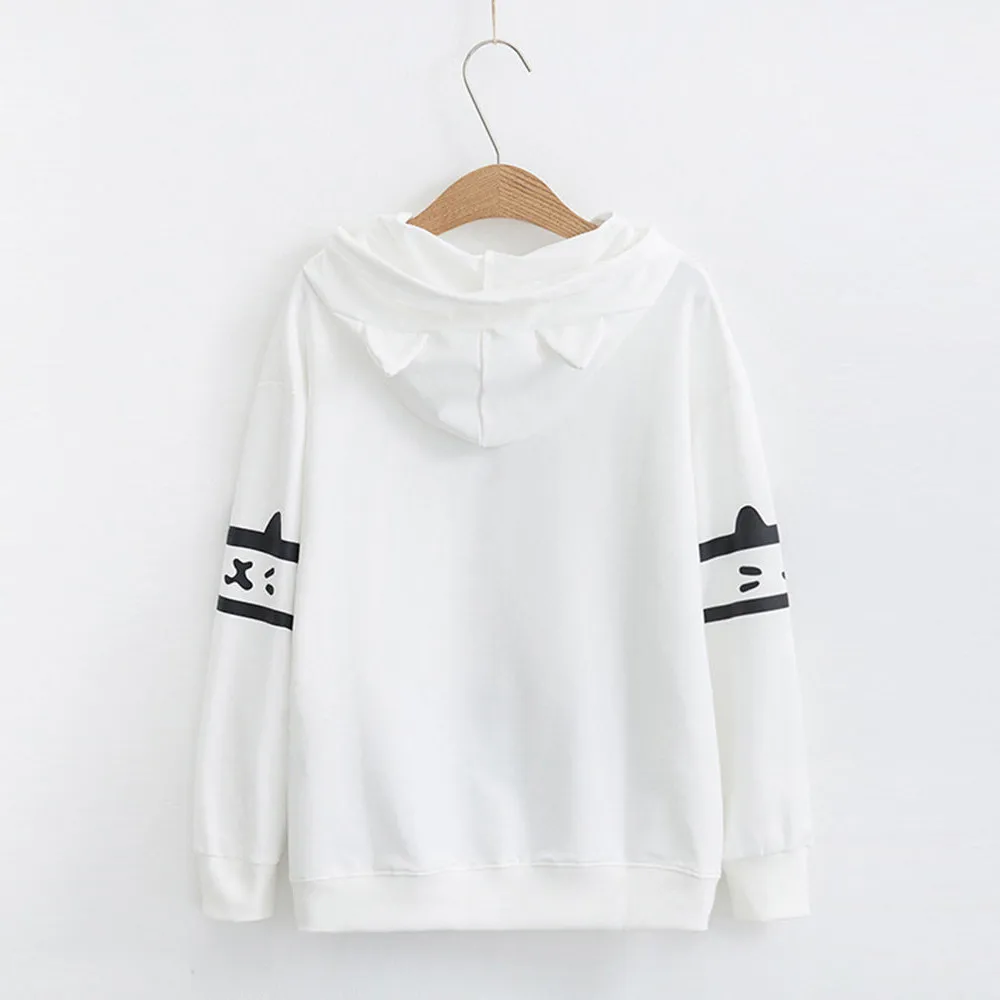 Womens Casual Long Sleeve Kitty Cat Print Pocket Thin Hoodie Top Sweatshirt Streetwear Women Oversized Hoodies Moletom Feminino