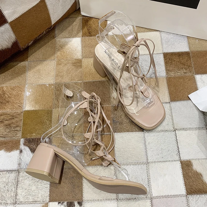 

Women Fashion Cross Strap Square Heels Shoes Ladies Elegant Strap Party Shoes Woman Dropshipping Transparent Gladiator Sandals
