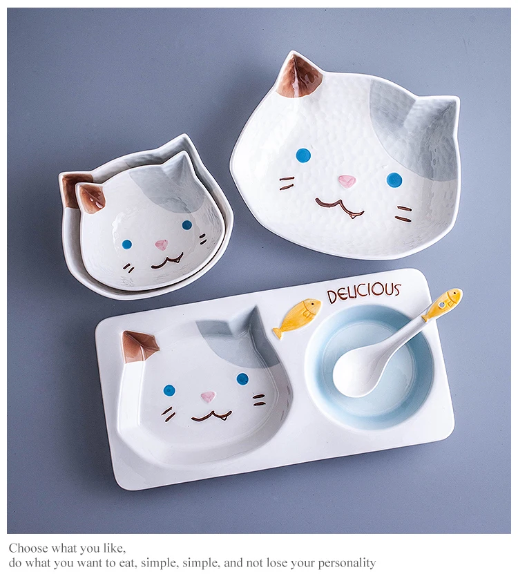 

Kids Cartoon Cat Ceramic Dinner Plate Bowl Mug Spoon Set for Children Kitty Breakfast Salad Soup Dessert Bowl Tureens Dinnerware