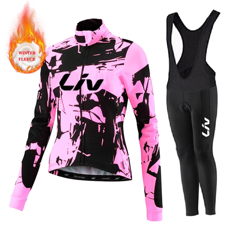 

Warm Winter Cycling Jersey Set Women LIV Road Bike Clothing BIB Pants MTB Uniform Thermal Fleece Kit Female Bicycle Clothes Wear