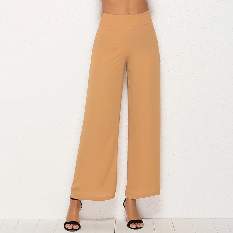 

Summer Women Wide Leg Pants High Waist Solid Color Office Lady Full Length Loose Elastic Waist Casual Female