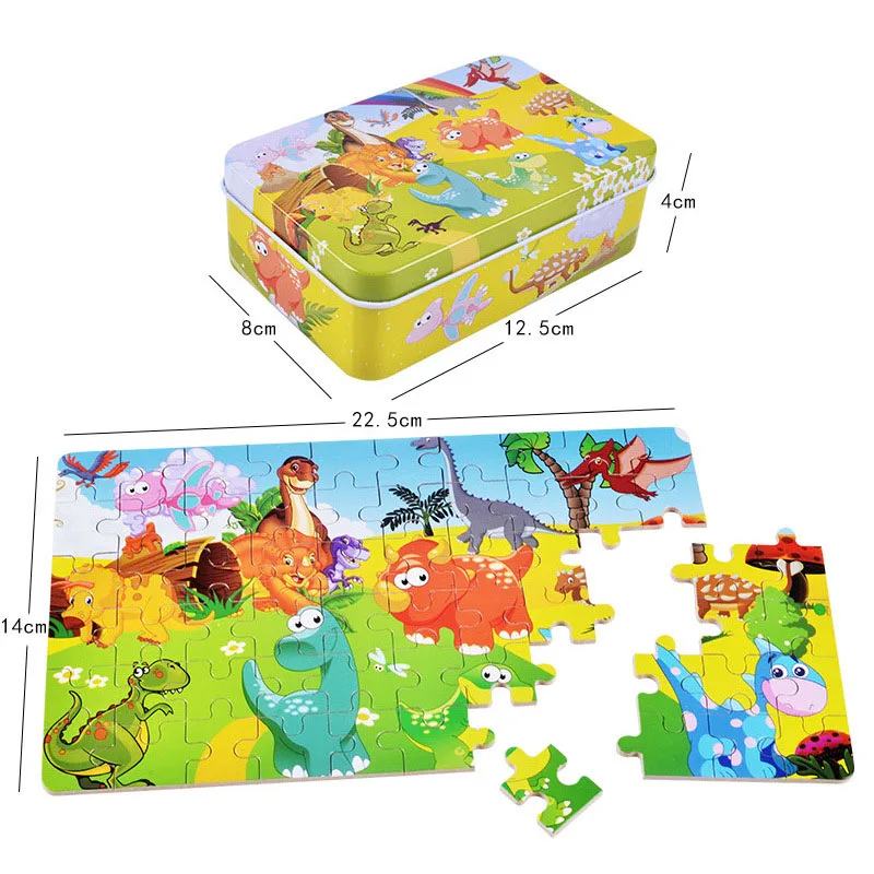 

DIY Creative 60 Pieces Wooden Puzzle Cartoon Animal Jigsaw Iron Box Early Educational Learning Toys Gifts For Children Kids Baby