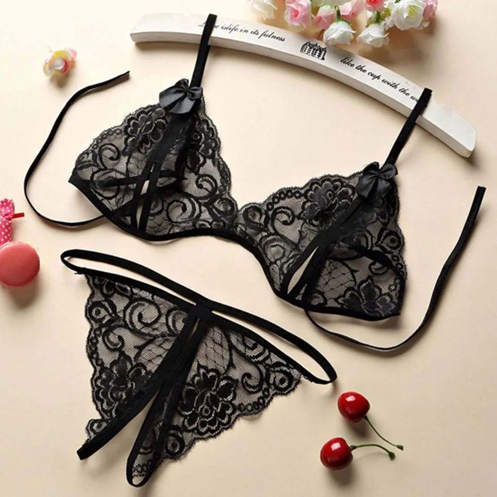 

Sexy Lingerie 2PCS/Set Women Sexy Lace Bra + Briefs Three-Point Transparent Lace Erotic Temptation Open Bra Crotch Underwear Set
