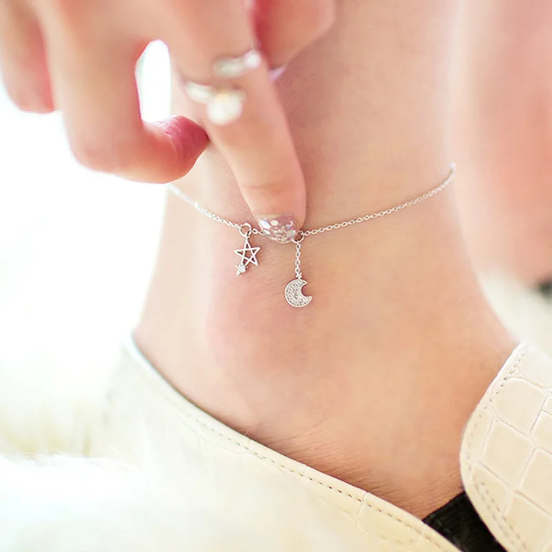 Браслет на ногу женский из серебра 925 пробы со звездами и Луной|Анклеты| |