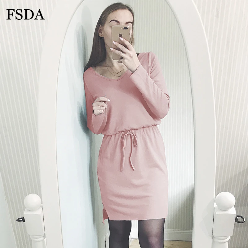 FSDA вязаное теплое розовое платье с поясом и длинным рукавом повседневное женское