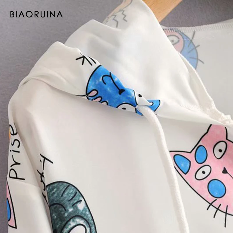 BIAORUINA, Женский Тренч с мультяшным принтом, Повседневный, длинный, с капюшоном, женский, солнцезащитный, свободный, верхняя одежда, корейский стиль, модные пальто