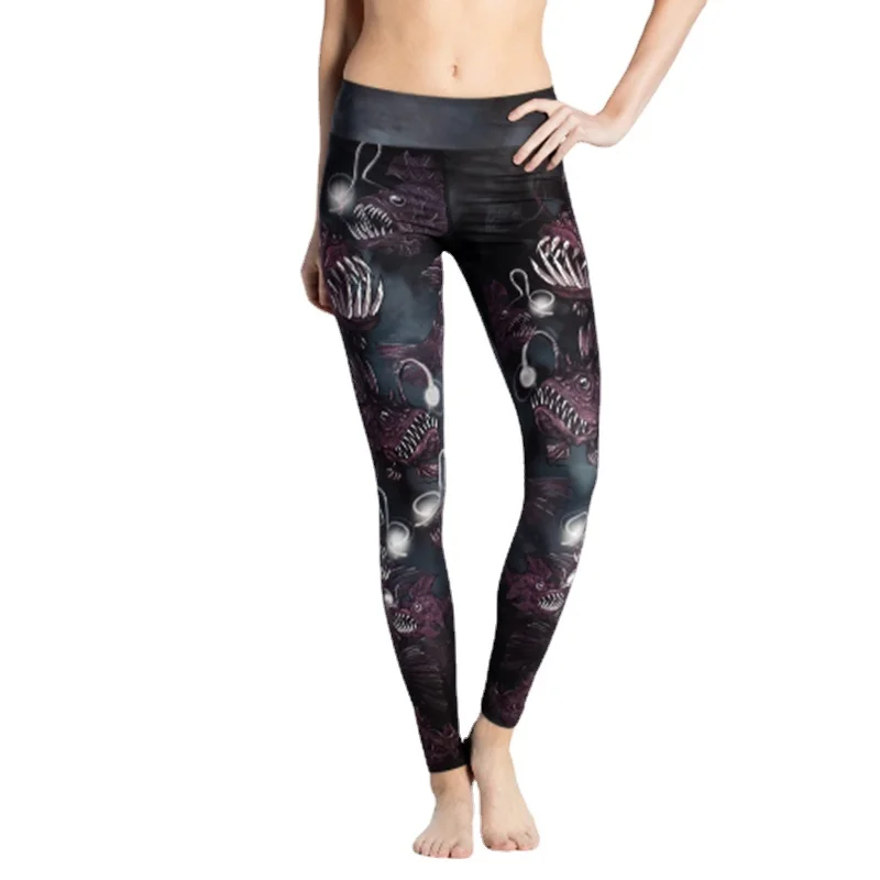 Штаны для фитнеса и йоги, женские дышащие леггинсы с принтом ужасов и рыбок, быстросохнущие трико для бега YS059