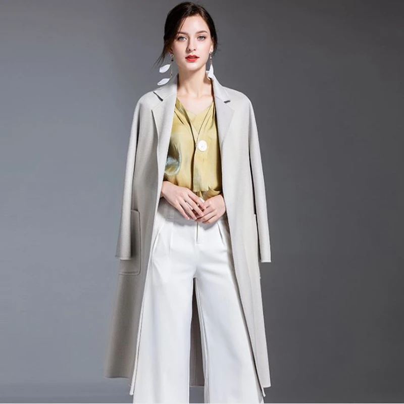 Женское кашемировое пальто зимнее выше колена свободное теплое шерстяное