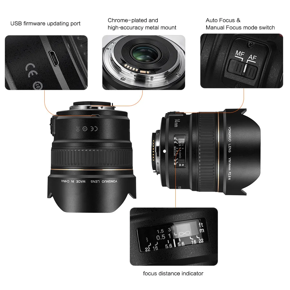 Широкоугольный объектив YONGNUO YN14mm F2.8N автофокус и Ручная фокусировка диагональ 114