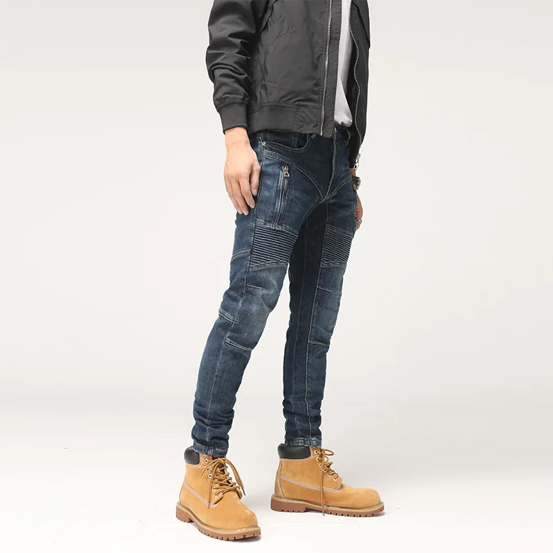 Street Style Fashion Men Jeans Retro Blue Slim Fit Elastic Zipper Spliced Designer Biker Jeans Men Hip Hop Denim Punk Pants